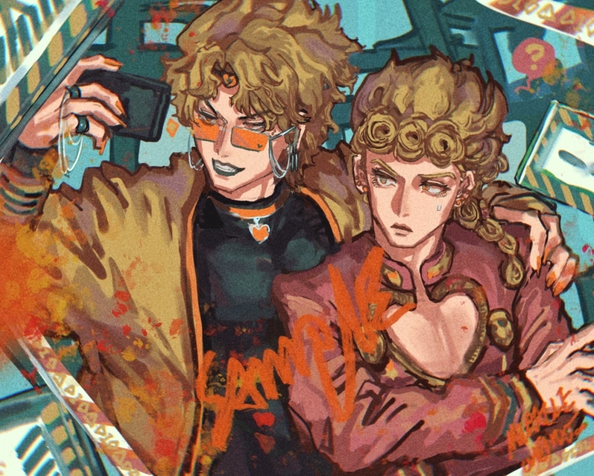 2boys, abstract_background, black_leotard, blonde_hair, braid, cellphone, cleavage_cutout, clothing_cutout