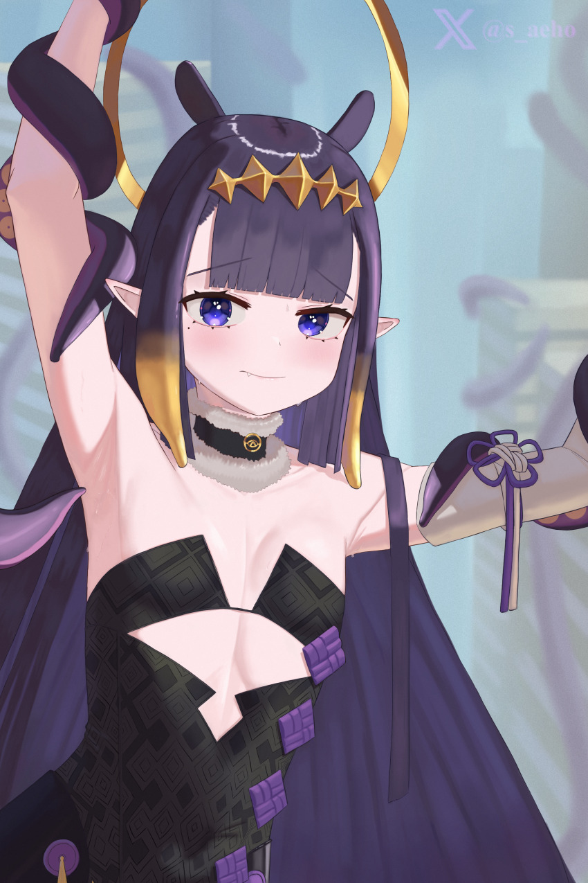 1girl, absurdres, armpit_focus, armpits, black_dress, blonde_hair, blunt_bangs, breasts