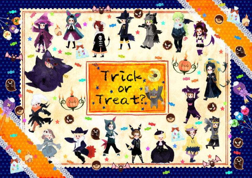 00s, 10s, 1990s_(style), alternate_color, banette, banette_(cosplay), barry_(pokemon), bat_(animal), bianca_(pokemon), blue_oak, brendan_(pokemon), candy, chandelure, character_request, cheren_(pokemon), cofagrigus_(cosplay), cosplay, darkai_(cosplay), dawn_(pokemon), drifblim, drifloon, duskull_(cosplay), ekm, english_text, ethan_(pokemon), food, galvantula_(cosplay), gastly, gen_1_pokemon, gen_2_pokemon, gen_3_pokemon, gen_4_pokemon, gen_5_pokemon, gengar, gengar_(cosplay), ghost, halloween, haunter, haunter_(cosplay), highres, hilbert_(pokemon), hilda_(pokemon), honchkrow_(cosplay), houndoom_(cosplay), kris_(pokemon), lampent_(cosplay), leaf_(pokemon), litwick, looking_back, lucas_(pokemon), lunatone, lyra_(pokemon), may_(pokemon), mightyena, mightyena_(cosplay), mismagius, mismagius_(cosplay), multiple_boys, multiple_girls, murkrow, murkrow_(cosplay), mythical_pokemon, n_(pokemon), nintendo, one_eye_closed, pantyhose, poke_ball, poke_ball_symbol, pokemon, pokemon_black_and_white, pokemon_diamond/pearl/platinum, pokemon_firered_and_leafgreen, pokemon_gold/silver/crystal, pokemon_heartgold_and_soulsilver, pokemon_ruby/sapphire/emerald, pokemon_tower_ghost, purrloin_(cosplay), red_(pokemon), retro_artstyle, rotom, rotom_(normal), running, shiny_pokemon, silver_(pokemon), smile, sneasel, sneasel_(cosplay), sweets, traditional_media, umbreon, umbreon_(cosplay), wally_(pokemon), wink, woobat_(cosplay), zubat, zubat_(cosplay)