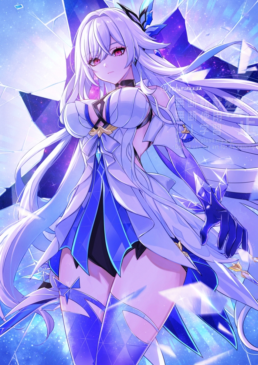 1girl, artist_name, bare_shoulders, between_breasts, black_shorts, breasts, broken, broken_glass