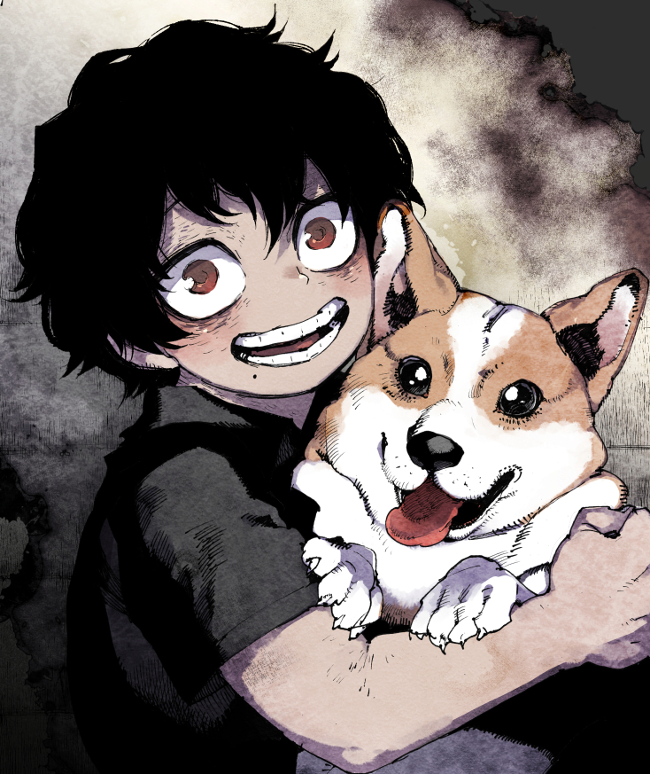 1boy, aged_down, animal, animal_hug, bags_under_eyes, black_hair, black_shirt, boku_no_hero_academia, child, collared_shirt, commentary_request, dog, from_side, grey_background, grin, hair_between_eyes, hatching_(texture), holding, holding_animal, holding_dog, looking_at_viewer, male_focus, mankintan, messy_hair, mole, mole_under_mouth, mon_(boku_no_hero_academia), open_mouth, red_eyes, shigaraki_tomura, shimura_tenko, shirt, short_hair, short_sleeves, smile, teeth, tongue, tongue_out, upper_body, welsh_corgi