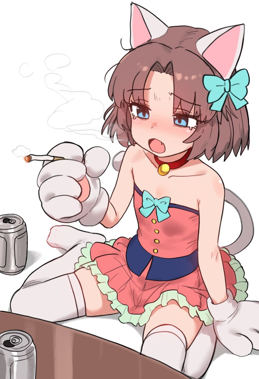 1girl, animal_ears, animal_hands, bare_shoulders, beer_can, blush, bow, brown_hair, can, cat_ears, cat_girl, cat_tail, cigarette, collar, collarbone, commentary, dress, drink_can, ebora, english_commentary, fang, flat_chest, gloves, hair_bow, highres, holding, holding_cigarette, moneko_(nyanko_daisensou), no_shoes, nyanko_daisensou, open_mouth, parted_bangs, paw_gloves, pink_shirt, pink_skirt, shirt, short_hair, simple_background, sitting, skirt, smoke, smoking, solo, strapless, strapless_dress, table, tail, tearing_up, thighhighs, wariza, white_background, white_thighhighs