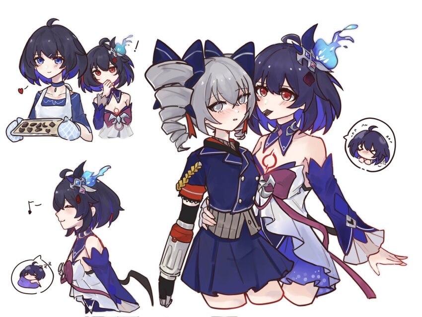 !, >_<, 3girls, ahoge, apron, bare_shoulders, black_hair, blue_bow