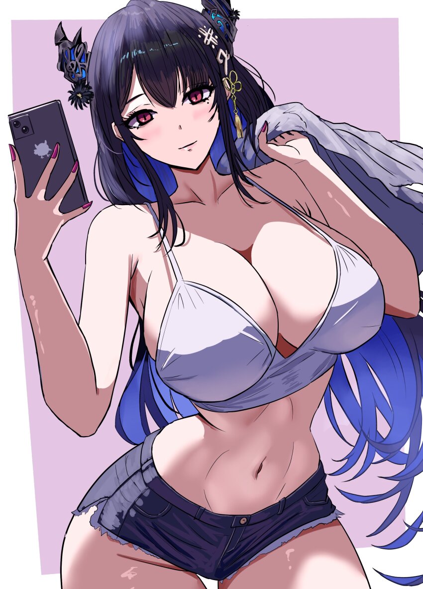 1girl, absurdres, black_hair, blue_hair, breasts, cellphone, cleavage, crop_top