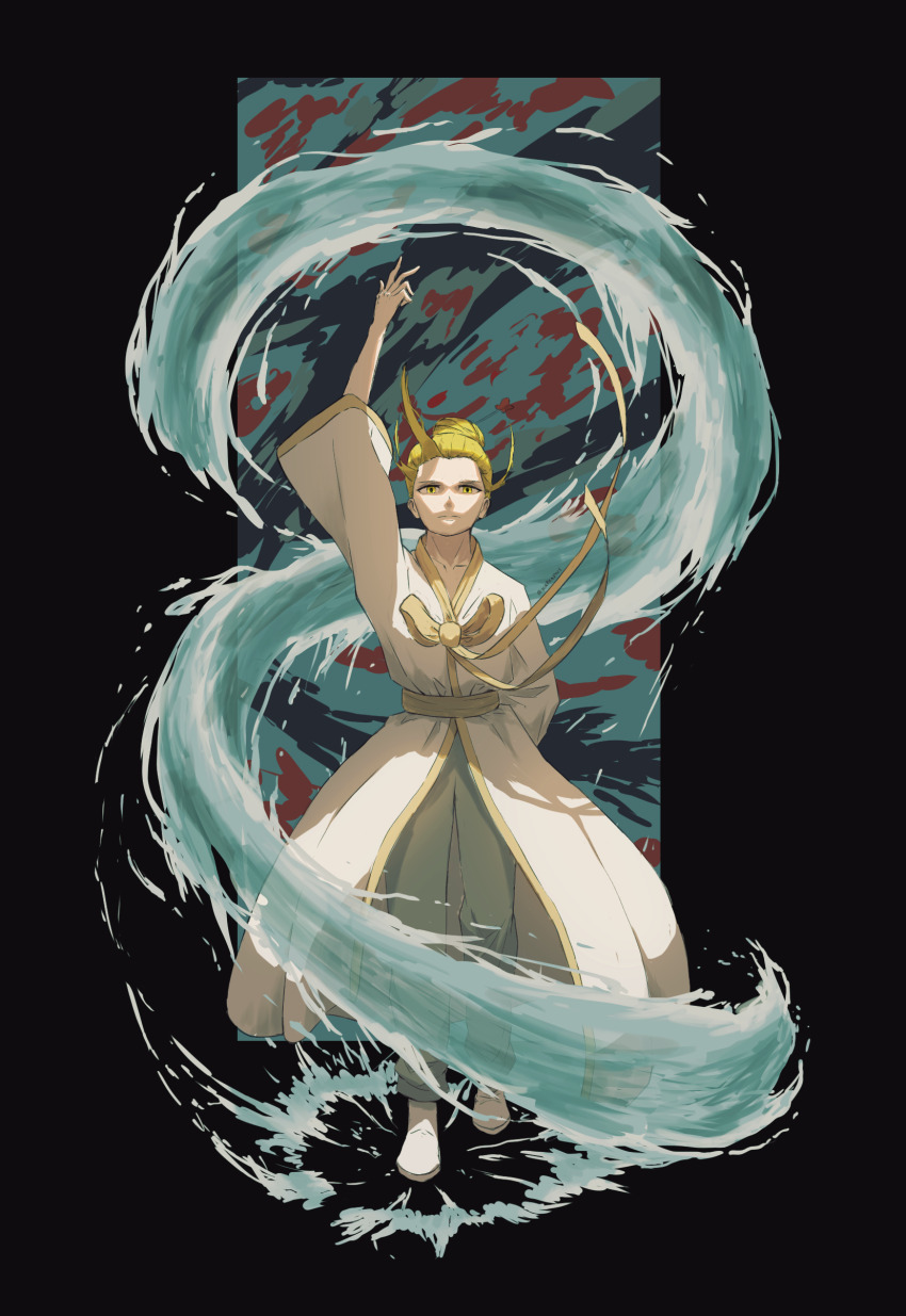 1boy, abstract_background, absurdres, arm_behind_back, arm_up, black_background, blonde_hair, floating