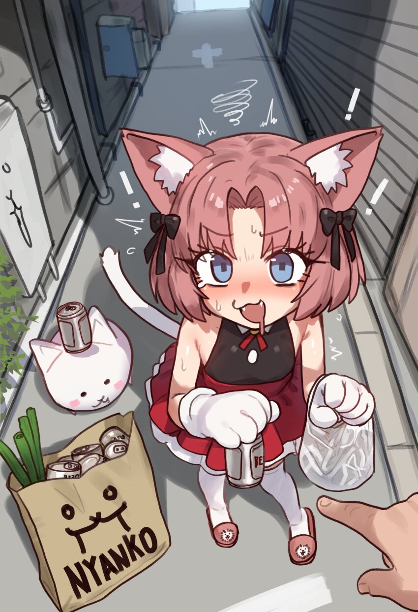 !, 1girl, 1other, :3, ^^^, animal_ear_fluff, animal_ears, animal_hands, armpit_crease, bag, bare_shoulders, beer_can, blue_eyes, bow, can, cat_(nyanko_daisensou), cat_ears, cat_girl, cat_tail, commentary, dress, drink_can, drooling, ebora, english_commentary, fangs, flat_chest, furrowed_brow, gloves, hair_bow, highres, holding, holding_can, looking_at_viewer, moneko_(nyanko_daisensou), mouth_drool, nyanko_daisensou, open_mouth, outdoors, paper_bag, parted_bangs, paw_gloves, pink_eyes, plastic_bag, pointing, short_hair, sleeveless, sleeveless_dress, slippers, spring_onion, squiggle, sweatdrop, tail, thighhighs, white_thighhighs