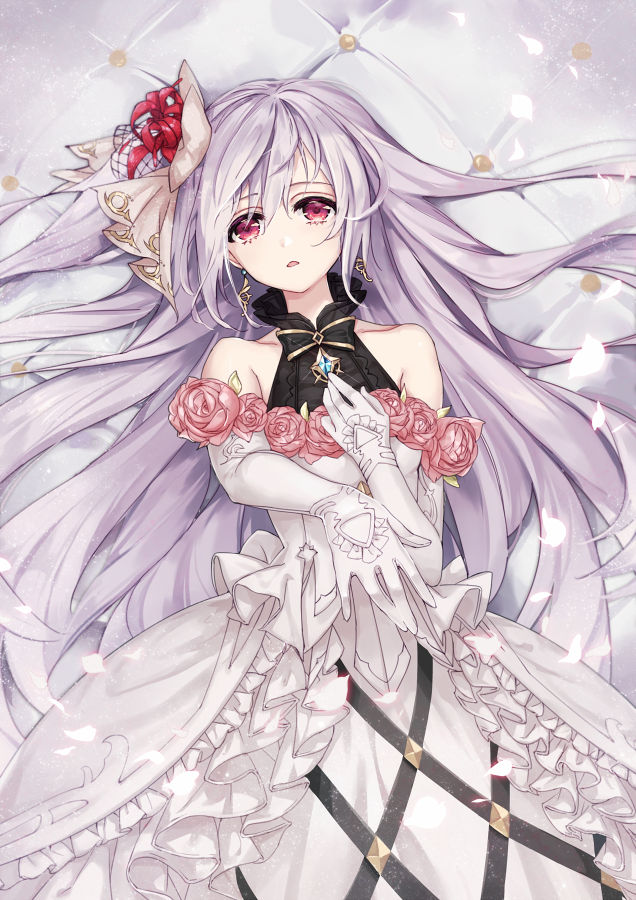 1girl, artist_request, dress, flower, gloves, grey_hair, hair_flower, hair_ornament