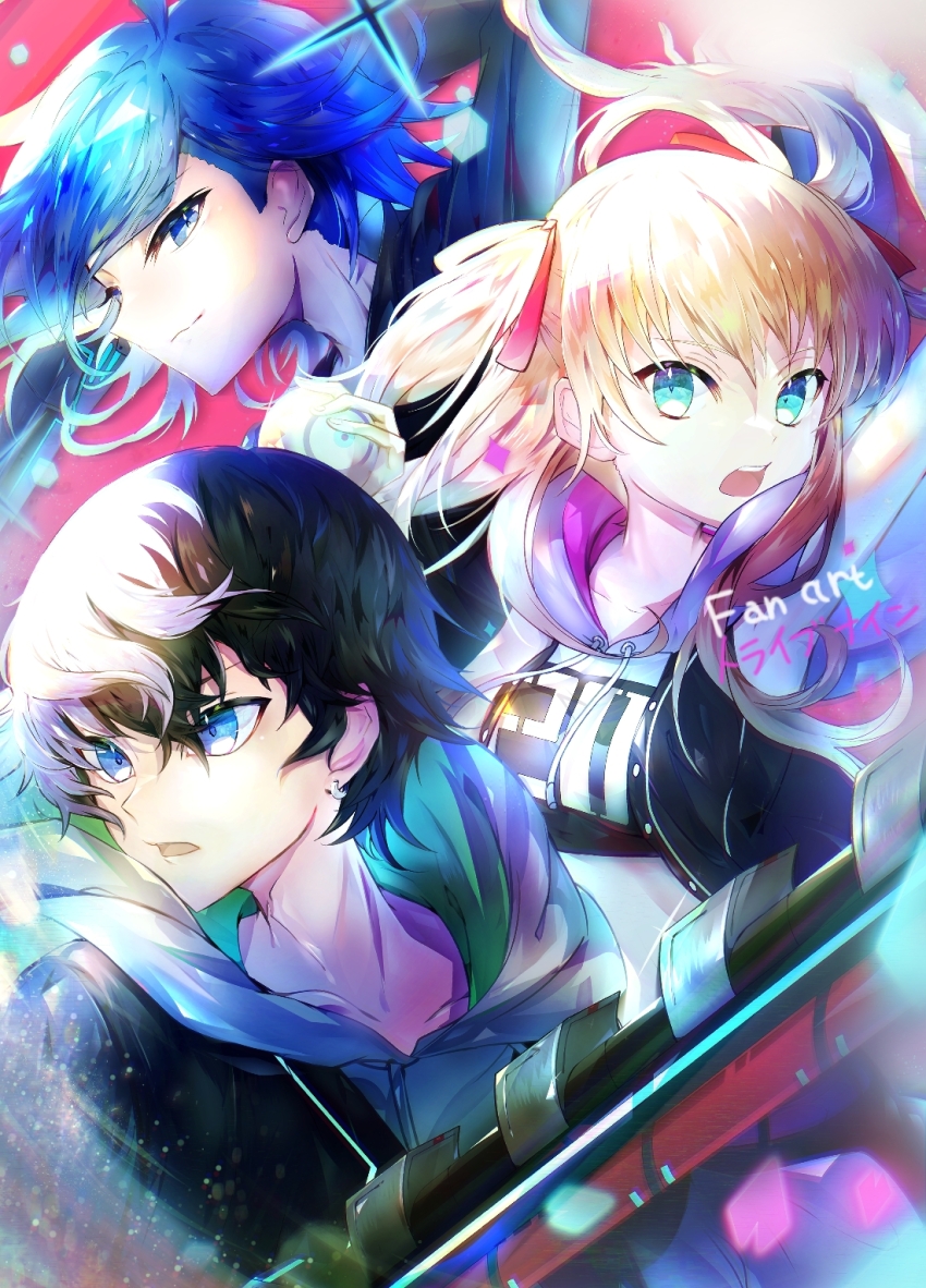 1girl, 2boys, aoyama_kazuki, aqua_eyes, arm_up, armpits, ball, bare_shoulders, black_hair, black_jacket, black_shirt, blonde_hair, blue_eyes, blue_hair, breasts, closed_mouth, collarbone, commentary, crop_top, earrings, floating_hair, hair_between_eyes, hanemina, highres, holding, holding_ball, iroha_tsuki, jacket, jewelry, kuronaka_yo, long_hair, looking_ahead, looking_at_viewer, medium_breasts, midriff, multicolored_hair, multiple_boys, open_mouth, shirt, short_hair, sidelocks, sleeveless, sleeveless_jacket, smile, smirk, standing, tribe_nine, two-tone_hair, two_side_up, white_hair