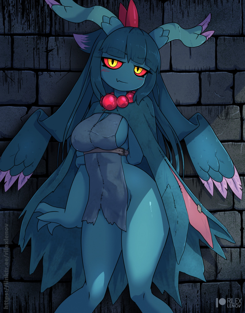 1girl, arm_at_side, arm_behind_back, artist_name, bead_necklace, beads, blue_cloak, blue_hair