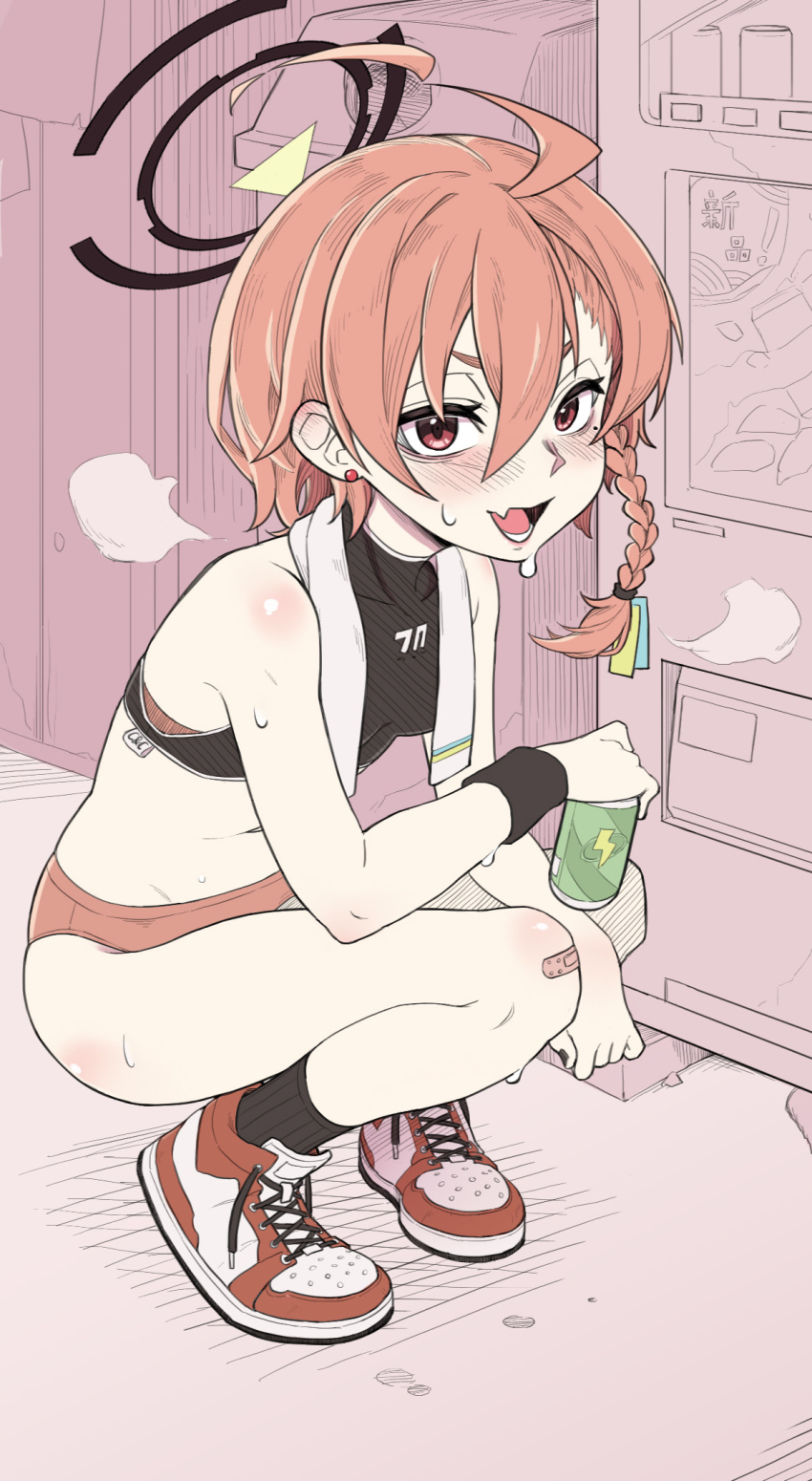 1girl, ahoge, akita_kang, black_halo, black_socks, black_sports_bra, blue_archive, buruma