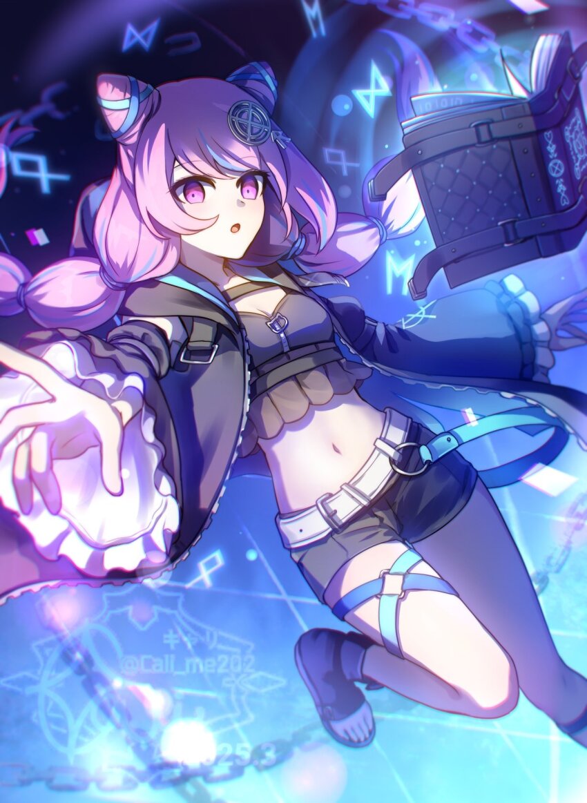 1girl, :o, belt, black_coat, black_shoes, black_shorts, black_sleeves, blue_hair, book, braid, breasts, cali_(cali_me202), chain, cleavage, coat, commentary_request, cone_hair_bun, crop_top, detached_sleeves, floating, floating_book, floating_hair, floating_object, frilled_sleeves, frills, hair_bun, hair_ornament, highres, long_hair, looking_at_viewer, midriff, multi-tied_hair, multicolored_hair, navel, official_alternate_costume, open-toe_shoes, open_clothes, open_coat, open_mouth, pink_eyes, pink_hair, semba_tsuruko, shoes, short_shorts, shorts, sidelocks, small_breasts, solo, standing, standing_on_one_leg, streaked_hair, swept_bangs, thigh_strap, tribe_nine, twin_braids, twitter_username, watermark, white_belt, wide_sleeves