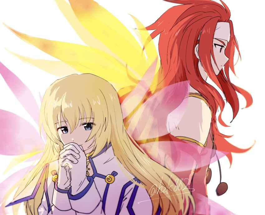 blonde_hair, blue_eyes, colette_brunel, dress, elbow_gloves, floating_hair, from_side, gloves