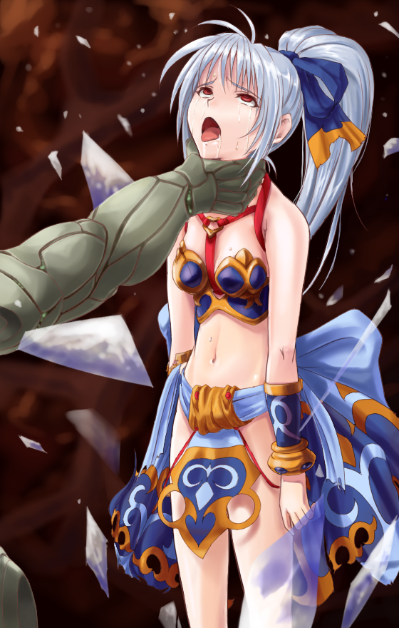 1girl, asphyxiation, beimei, belly_dancer, blue_hair, blue_ribbon, bracelet, breasts, defeat, drooling, female_focus, image_sample, jewelry, loincloth, long_hair, melbu_frahma, meru_(dragoon), midriff, navel, open_mouth, pixiv_sample, ponytail, red_eyes, ribbon, rolling_eyes, saliva, small_breasts, strangling, sweat, tears, the_legend_of_dragoon, tongue, wingly