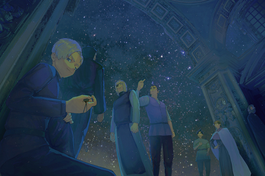 1girl, 6+boys, albert_brudzewski_(chi.), arms_at_sides, beard, black_shirt, cape, character_request