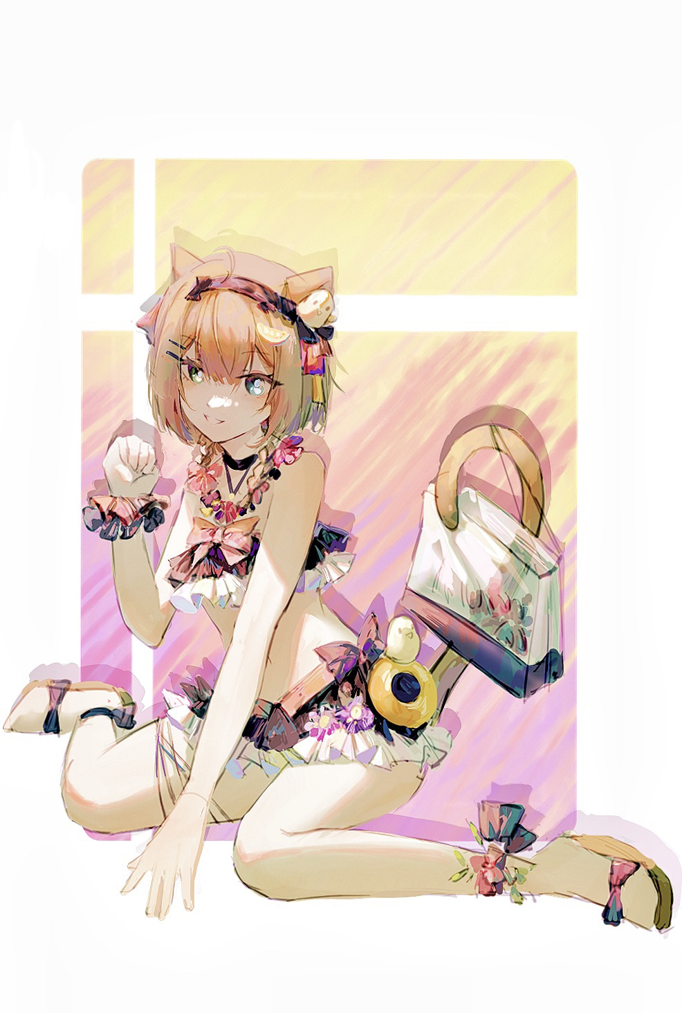 1girl, animal_ear_fluff, animal_ears, bag, bikini, black_bikini, black_hairband, blue_eyes