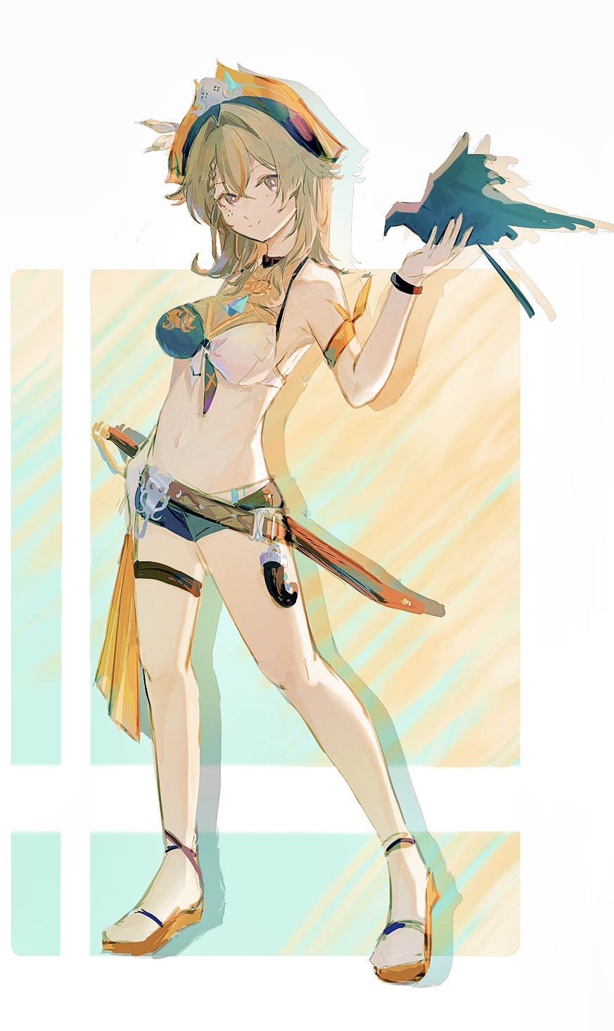 1girl, bikini, bird, bird_on_hand, black_shorts, breasts, brown_hair, commentary