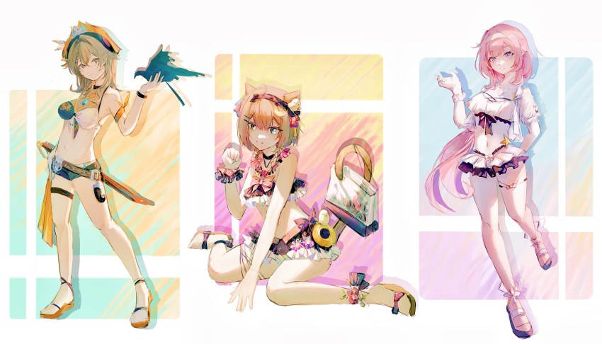 3girls, animal_ear_fluff, animal_ears, bag, bikini, bikini_skirt, bird, bird_on_hand