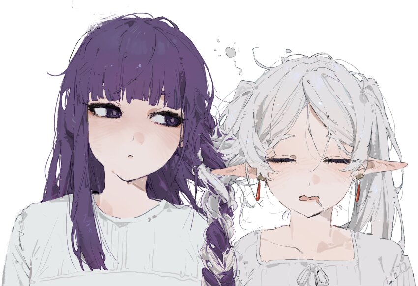 2girls, absurdres, blush, braid, closed_eyes, closed_mouth, commentary, dress, drooling, earrings, fern_(sousou_no_frieren), frieren, highres, intertwined_hair, jewelry, le_(szs0k), long_hair, messy_hair, mouth_drool, multiple_girls, pointy_ears, purple_eyes, purple_hair, saliva, simple_background, sousou_no_frieren, squeans, untranslatable_commentary, upper_body, white_background