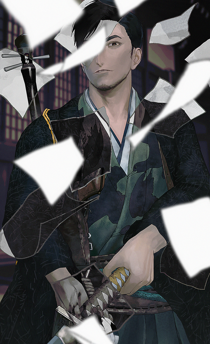 1boy, black_eyes, black_hair, crane_print, facial_hair, falling_paper, goatee, holding, holding_sword, holding_weapon, japanese_clothes, long_sleeves, looking_at_viewer, male_focus, one_eye_covered, parted_lips, rise_of_the_ronin, short_hair, sideburns, solo, sword, takasugi_shinsaku_(rise_of_the_ronin), weapon, yorunue_ro