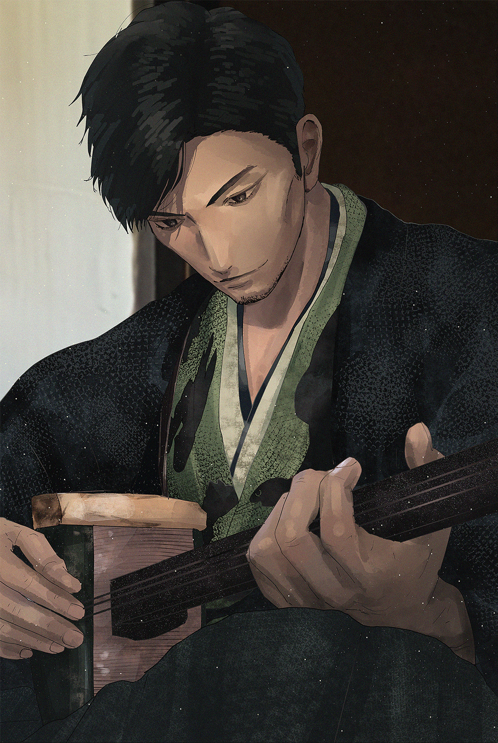 1boy, black_eyes, black_hair, closed_mouth, facial_hair, goatee, highres, instrument, japanese_clothes, light_particles, looking_down, male_focus, music, playing_instrument, rise_of_the_ronin, sideburns, solo, takasugi_shinsaku_(rise_of_the_ronin), upper_body, wide_sleeves, yorunue_ro