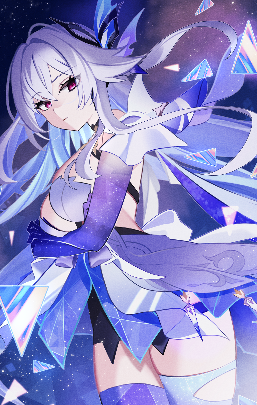 1girl, arms_under_breasts, bare_shoulders, breasts, broken_glass, closed_mouth, commentary, crossed_arms