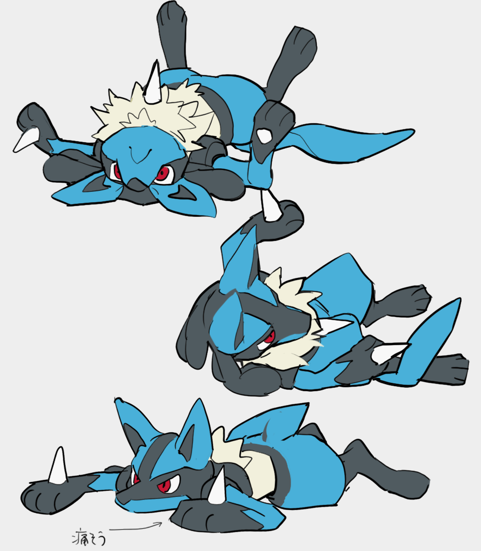 animal_ears, animal_feet, animal_hands, black_fur, blue_fur, digitigrade, gen_4_pokemon, lucario, lying, multicolored_fur, nintendo, on_back, on_stomach, pokemon, pokemon_(creature), pokemon_focus, red_eyes, rolling, simple_background, spikes, tail, white_background, white_fur, wintom