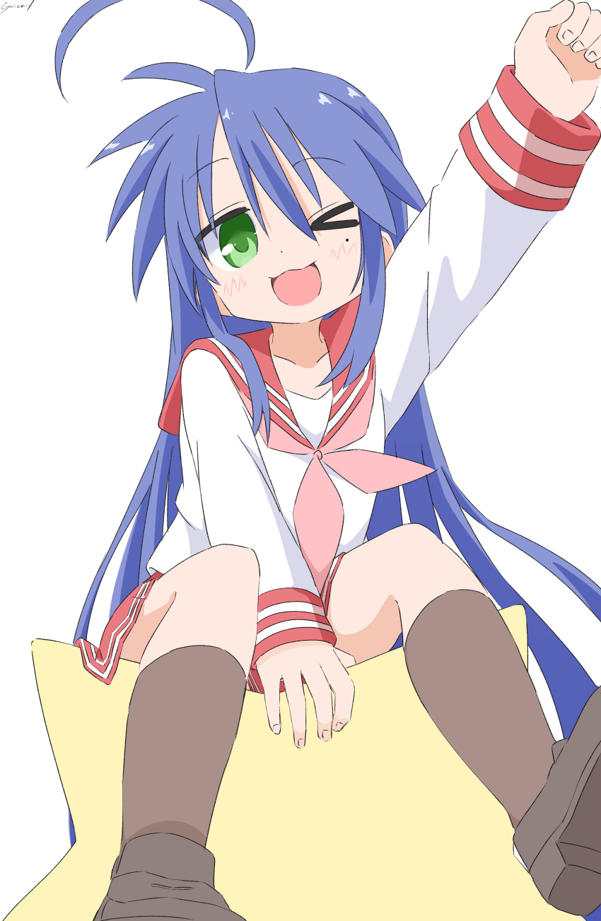 >_o, 1girl, absurdres, ahoge, arm_up, between_legs, brown_shoes, brown_socks