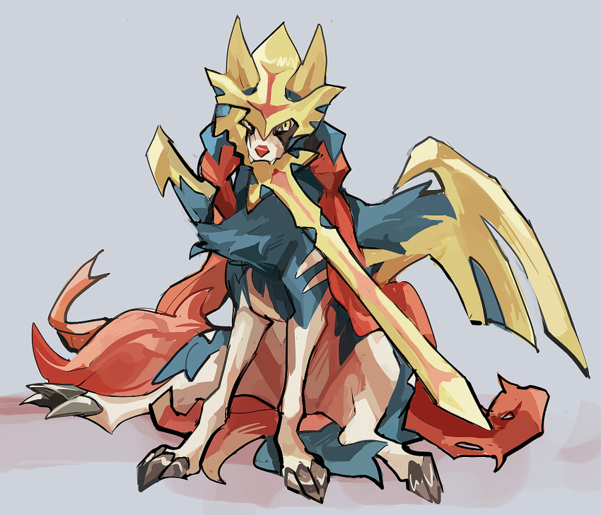 armor, blue_fur, claws, gen_8_pokemon, grey_background, highres, legendary_pokemon, looking_at_viewer