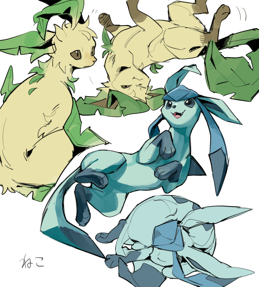 blue_eyes, blue_fur, brown_eyes, curled_up, full_body, gen_4_pokemon, glaceon, green_fur