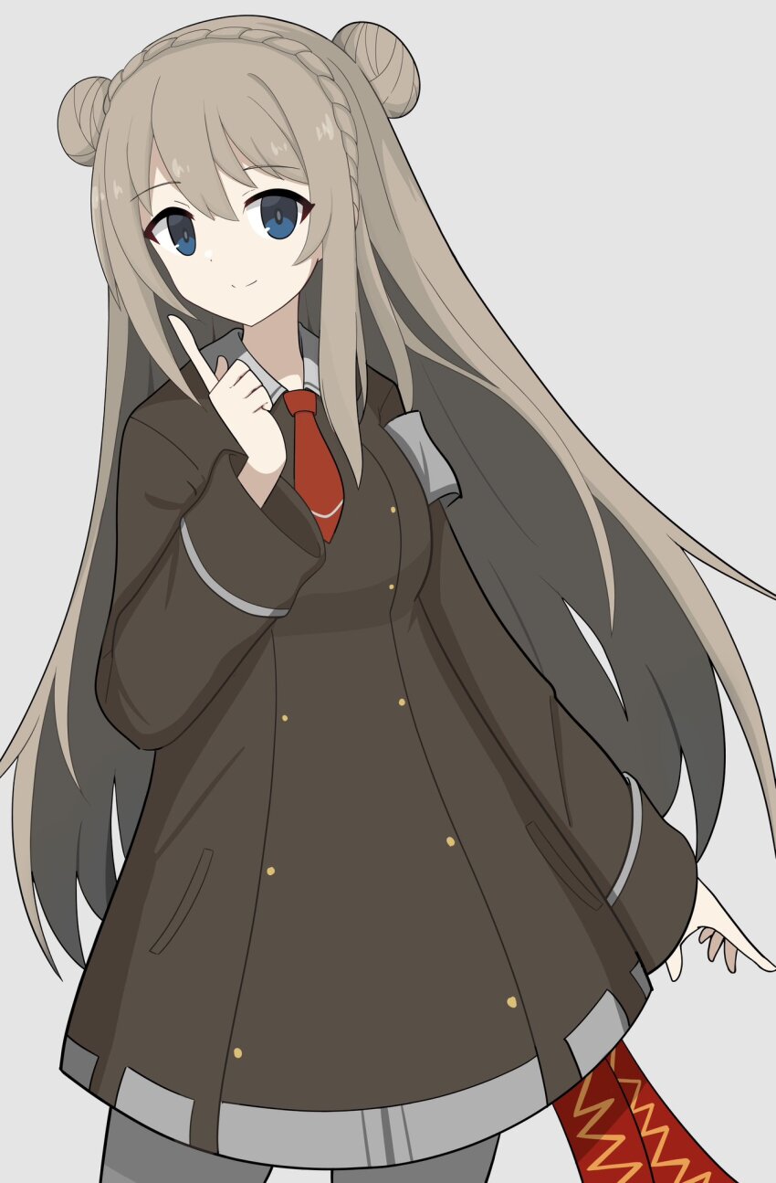 1girl, arm_at_side, armband, blue_eyes, braid, brown_dress, buttons, closed_mouth