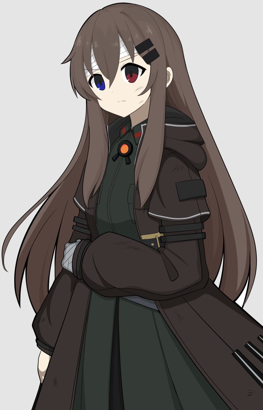 1girl, arm_at_side, bandaged_hand, bandaged_head, bandages, bangs_pinned_back, blue_eyes, brooch