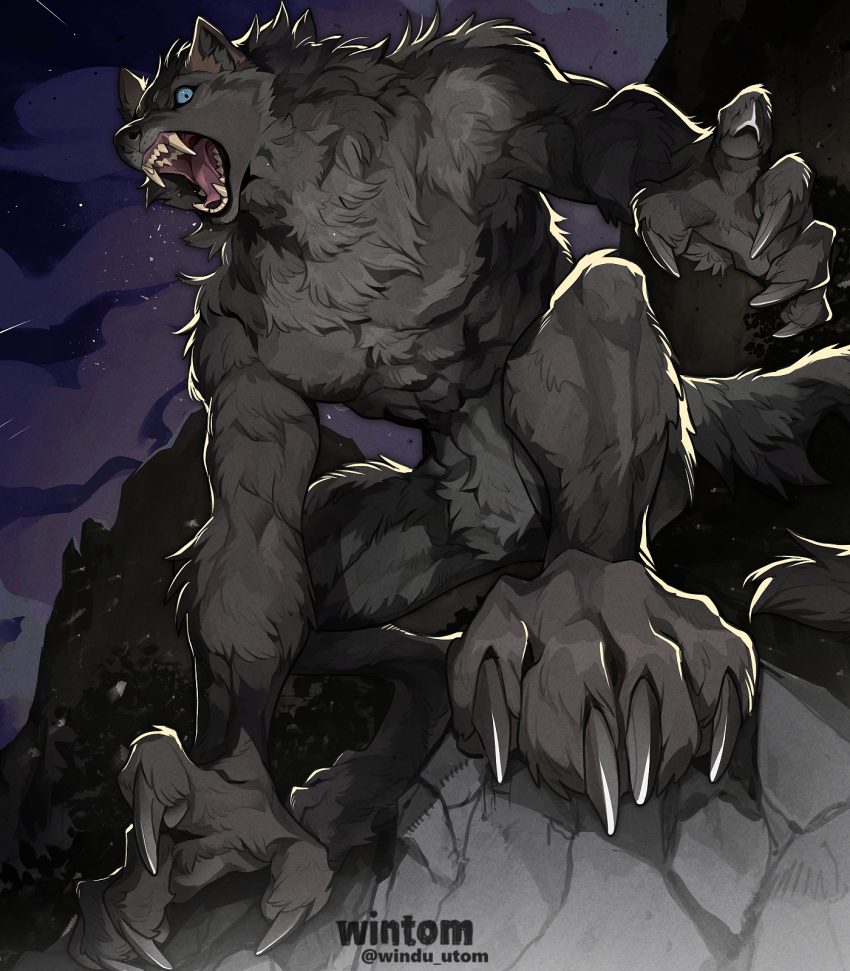 abs, animal_ears, artist_name, blue_eyes, claws, furry, furry_male, grey_fur, highres, mountain, night, open_mouth, original, perspective, rock, sharp_teeth, sky, star_(sky), tail, teeth, twitter_username, werewolf, wintom, wolf_boy, wolf_ears, wolf_paws, wolf_tail