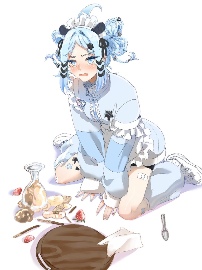 1girl, aegis-link, ahoge, apron, bandaid, bandaid_on_leg, bike_shorts, black_ribbon