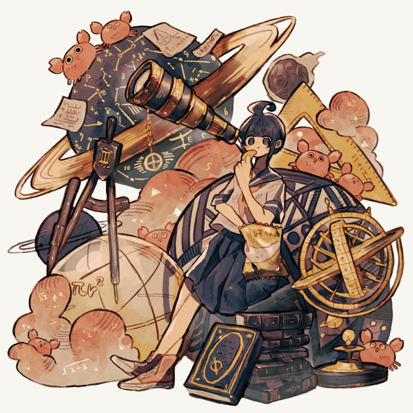 1girl, ahoge, ahoge_girl_(jimini_shijimi), armillary_sphere, astronomy, bag_of_chips, blue_eyes, blue_hair, blue_sailor_collar, blue_skirt, blush, book, closed_mouth, commentary, compass_(instrument), constellation_print, converse, crab, diagram, division_sign, eating, equation, food, full_body, highres, holding, holding_food, jimini_shijimi, leaning_on_object, looking_at_viewer, math, meteor, model_planet, neckerchief, no_nose, no_pupils, no_socks, orange_neckerchief, original, paper, pile_of_books, pleated_skirt, plus_sign, sailor_collar, school_uniform, serafuku, set_square, shirt, short_hair, short_sleeves, sidelocks, simple_background, skirt, solo, standing, telescope, triangle, white_background, white_shirt