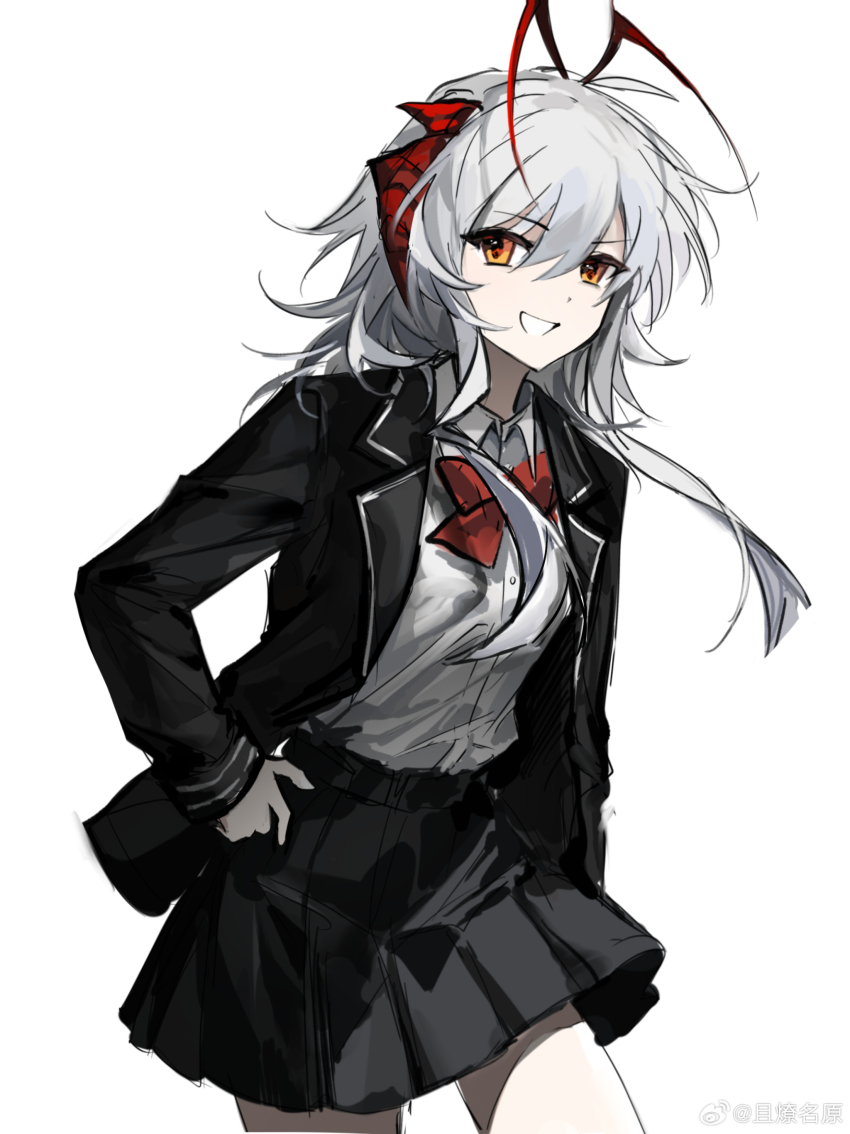 1girl, :d, absurdres, antenna_hair, arknights, black_jacket, black_skirt, blazer