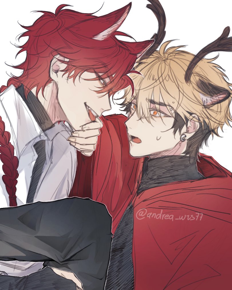 2boys, alternate_costume, andrea_wts77, animal_ears, antlers, black_hair, black_pants, black_shirt