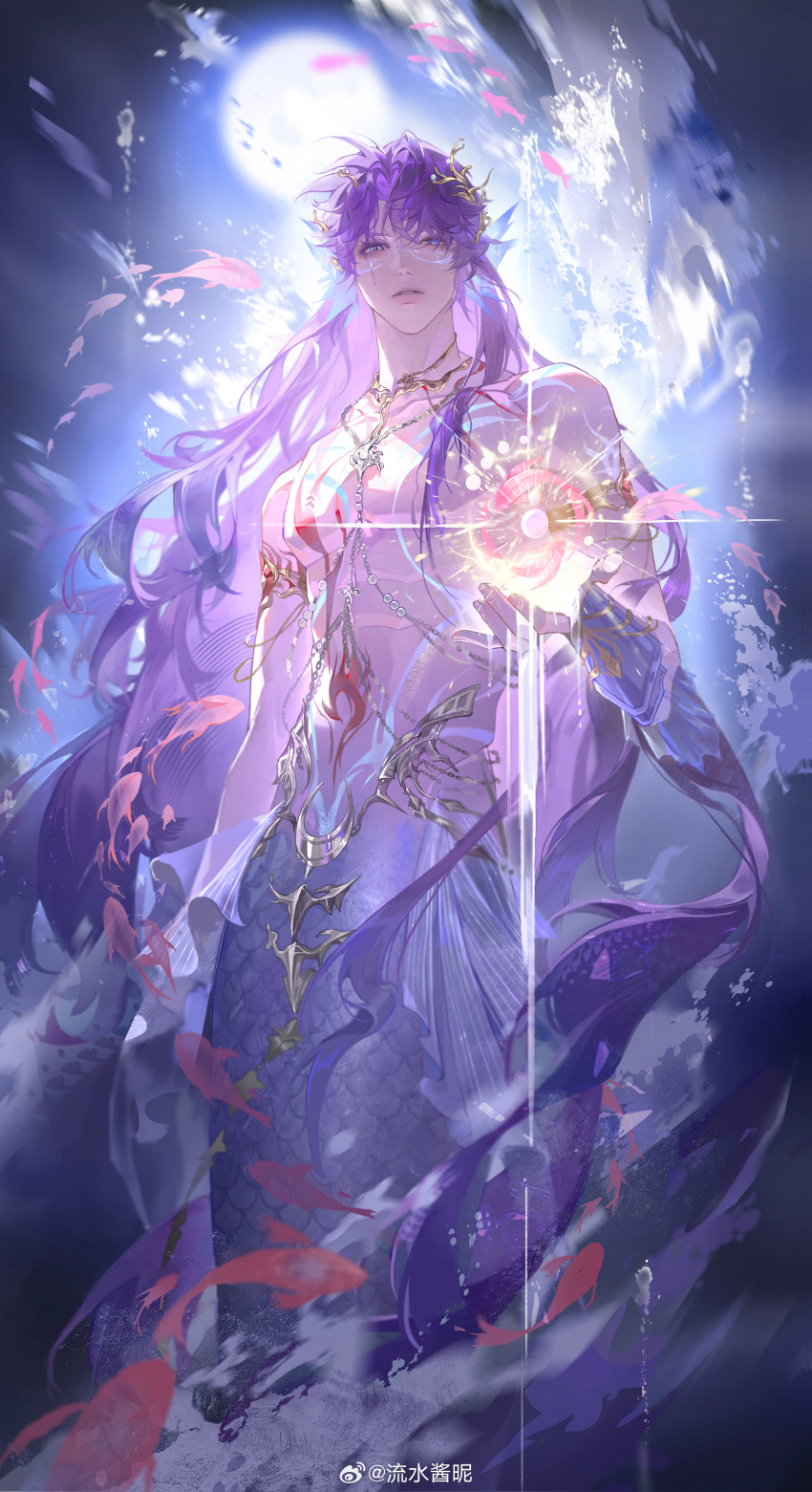 1boy, absurdres, bracer, collarbone, eyes_visible_through_hair, facial_tattoo, fins, full-body_tattoo, gold_diadem, hair_over_one_eye, head_fins, highres, jewelry, liushuijiang, long_hair, looking_at_viewer, love_and_deepspace, male_focus, mermaid, merman, monster_boy, monster_girl, muscular, muscular_male, necklace, parted_bangs, parted_lips, pectorals, purple_eyes, purple_hair, rafayel_(love_and_deepspace), scales, solo, tattoo, upper_body, very_long_hair, watermark, weibo_username, weibo_watermark
