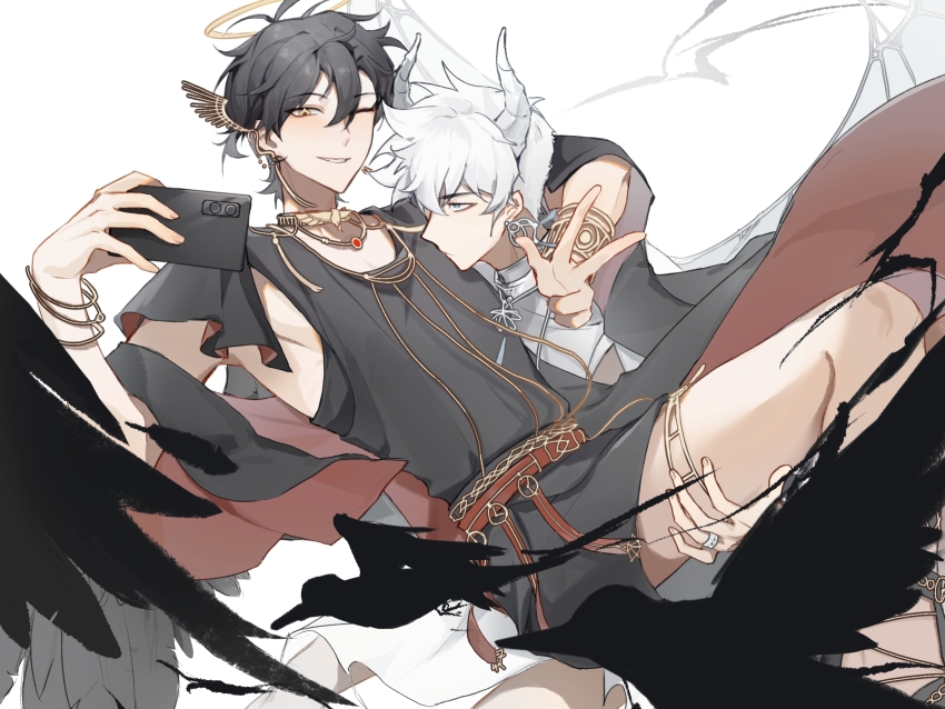 2boys, ancient_greek_clothes, angel, angel_wings, arm_around_neck, belt, bird, bishounen