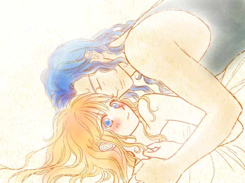 1boy, 1girl, azu_rin_go, bare_shoulders, bed_sheet, black_tank_top, blue_eyes, blush