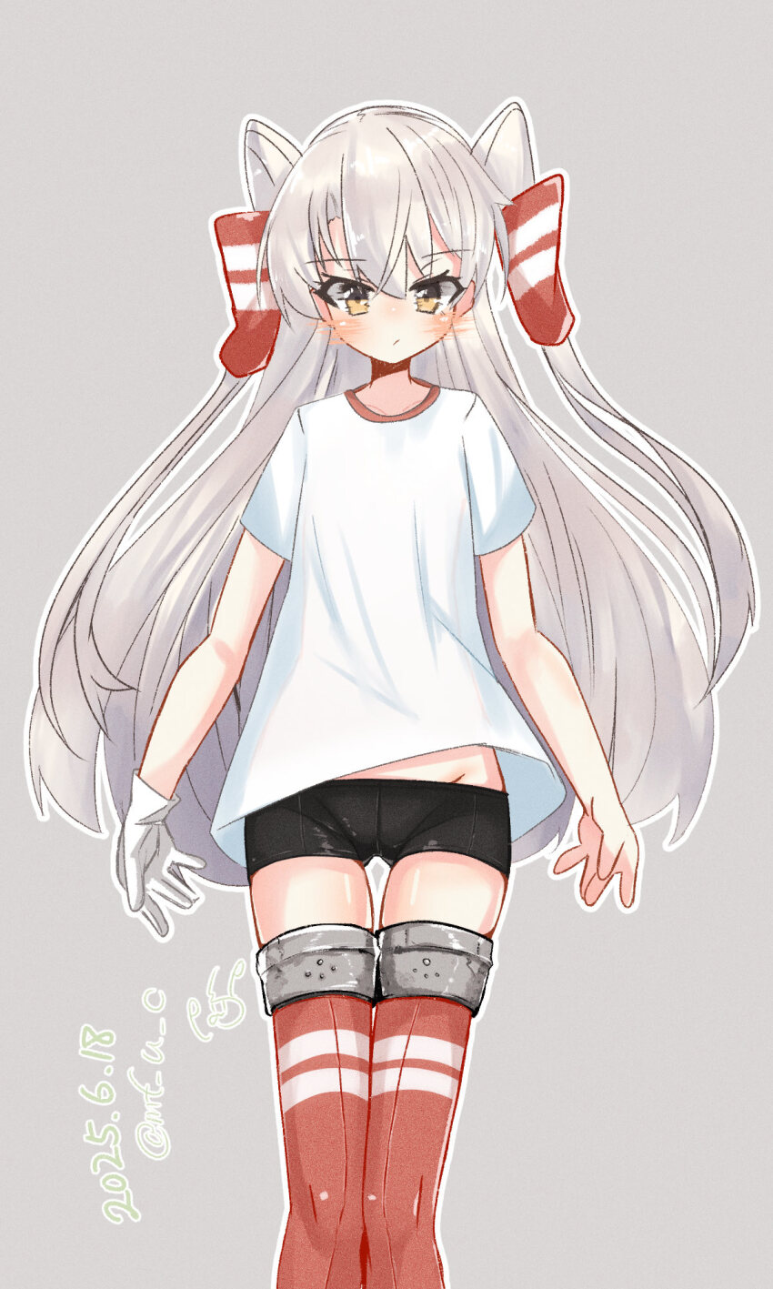 1girl, alternate_costume, amatsukaze_(kancolle), black_shorts, cameltoe, dress, feet_out_of_frame, grey_background