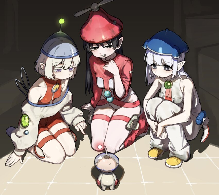+_+, 1boy, 3girls, absurdres, black_eyes, black_hair, blue_hat, blush, boots, breasts, closed_mouth, gem, glowing, hat, helmet, hey!_pikmin, highres, hocotate_freight_steam_ship, hufy, leotard, long_hair, long_sleeves, medium_breasts, multiple_girls, nintendo, olimar, open_mouth, personification, pikmin_(series), pikmin_1, pikmin_2, pointy_ears, propeller_hat, purple_eyes, red_hat, s.s._dolphin, s.s._dolphin_ii, short_hair, sitting, size_difference, small_breasts, space_helmet, spacesuit, squatting, sweat, thigh_strap, white_hair