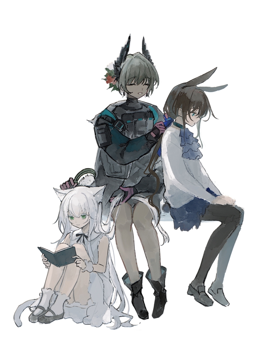 3girls, ^_^, absurdres, amiya_(arknights), ankle_socks, aqua_eyes, arknights, ascot, bare_shoulders, black_gloves, black_jacket, black_pantyhose, blue_ascot, blue_skirt, book, brown_hair, brushing_another's_hair, brushing_hair, chinese_commentary, closed_eyes, closed_mouth, comb, commentary, dark-skinned_female, dark_skin, dress, extra_arms, full_body, gloves, green_eyes, grey_hair, highres, holding, holding_another's_hair, holding_book, holding_comb, invisible_chair, jacket, long_hair, long_sleeves, multiple_girls, open_book, open_mouth, pantyhose, pink_gloves, profile, raidian_(arknights), reading, rosmontis_(arknights), shirt, short_hair, simple_background, sitting, sketch, skirt, sleeveless, sleeveless_dress, smile, socks, white_background, white_dress, white_hair, white_shirt, white_socks, yezhi_dun_luobei