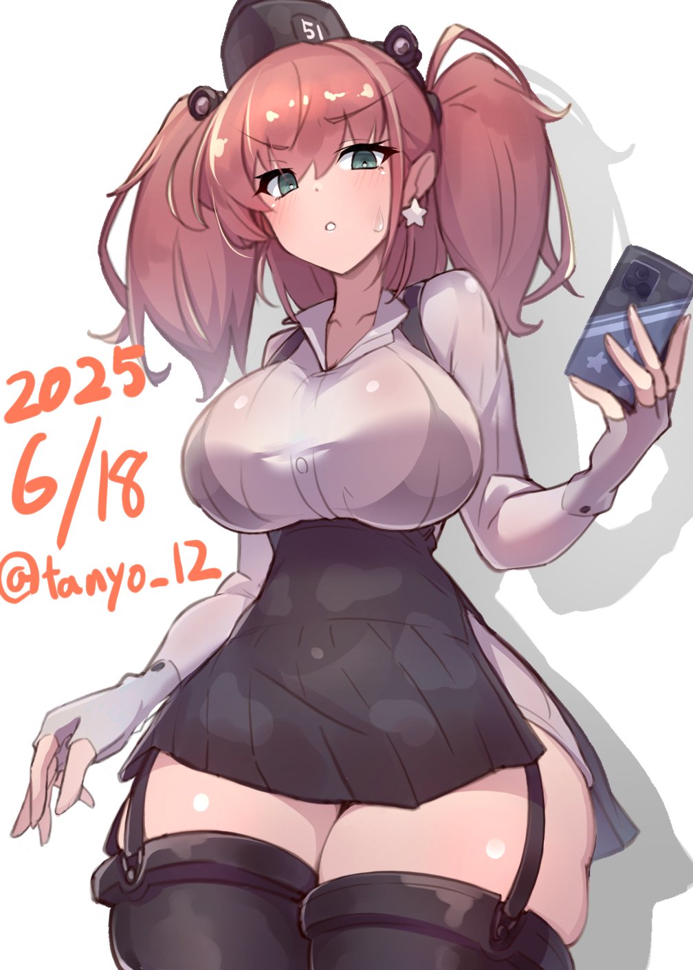 1girl, atlanta_(kancolle), black_bra, black_hat, black_thighhighs, bra, bra_visible_through_clothes, breasts