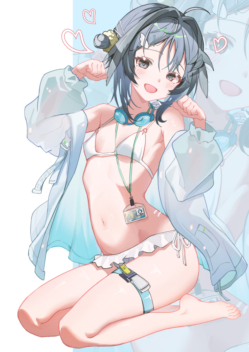 1girl, :d, absurdres, arknights, bikini, black_eyes, black_hair, blush
