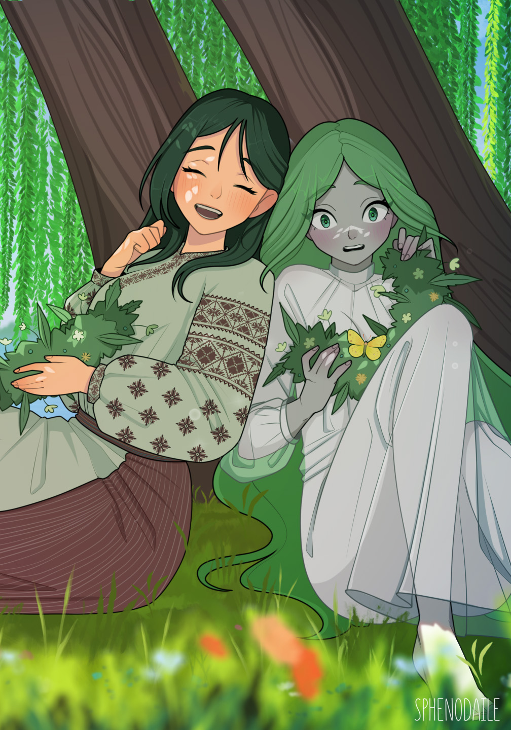 2girls, barefoot, black_hair, blue_sky, bug, butterfly, closed_eyes, colored_skin, commentary, couple, day, english_commentary, fingernails, flower, flower_wreath, grass, green_eyes, green_hair, grey_skin, highres, holding, holding_head_wreath, holding_wreath, implied_yuri, insect, interspecies, lake, laughing, leaning_back, lilea_(sphenodaile), long_hair, looking_at_viewer, multiple_girls, nature, olesya_(sphenodaile), original, outdoors, paid_reward_available, pond, rural, rushnyk, scenery, see-through_clothes, sitting, sky, slavic_clothes, slavic_mythology, smile, sphenodaile, sunlight, surprised, traditional_dress, tree, ukraine, ukrainian_clothes, very_long_hair, vinok, vyshyvanka, water, willow, yuri
