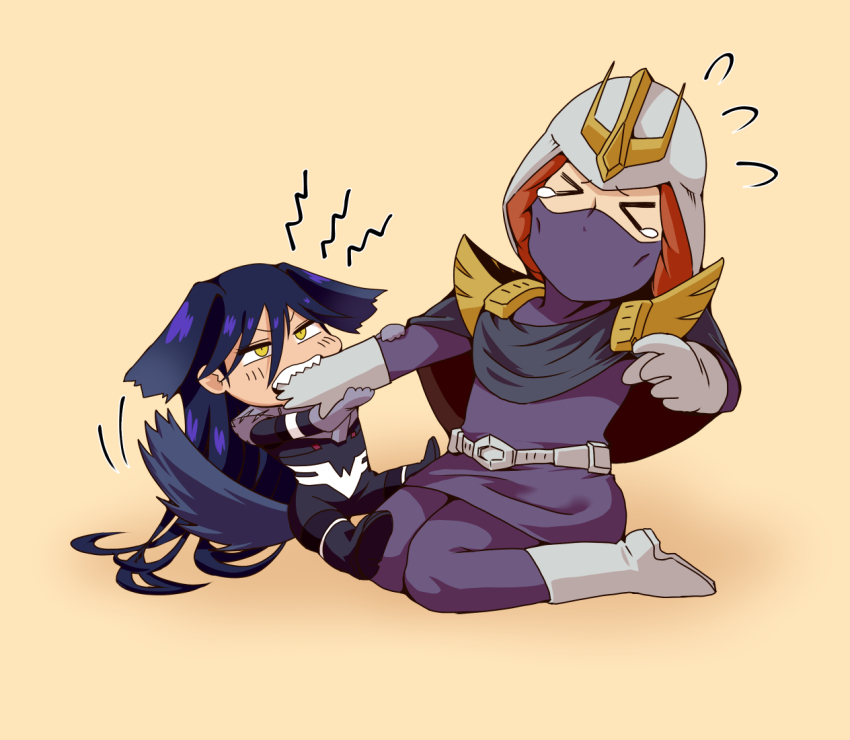 2girls, animal_ears, biting, biting_another's_hand, black_hair, brown_hair, cape, closed_eyes