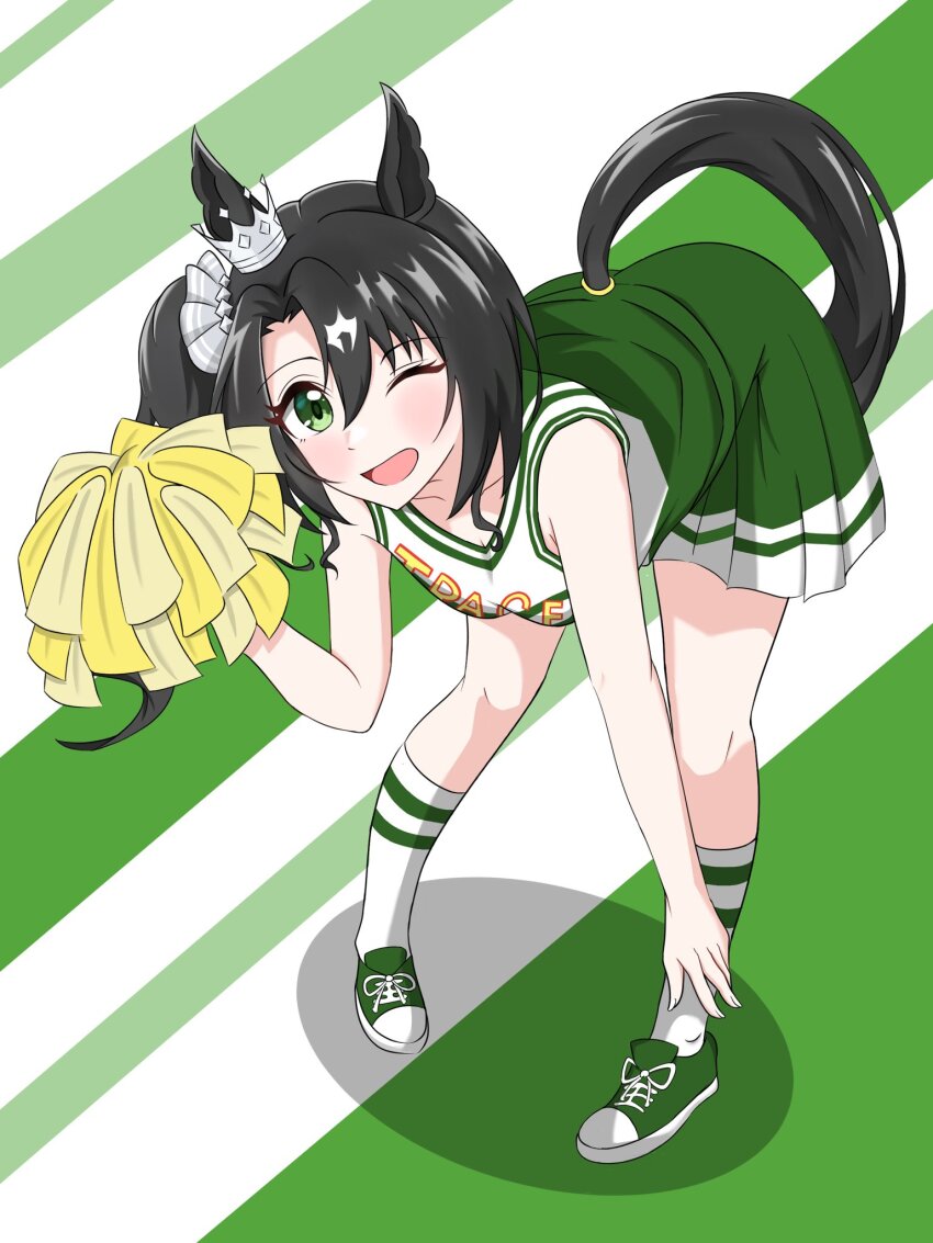 abyss_kpn_(ki), animal_ears, ass, cheerleader, ear_ornament, ear_scrunchie, ear_through_crown, green_eyes
