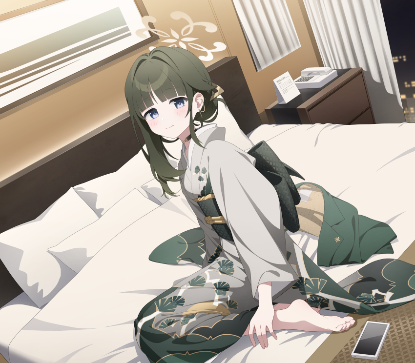 1girl, absurdres, asymmetrical_sidelocks, barefoot, blue_archive, blue_eyes, blunt_bangs, blush