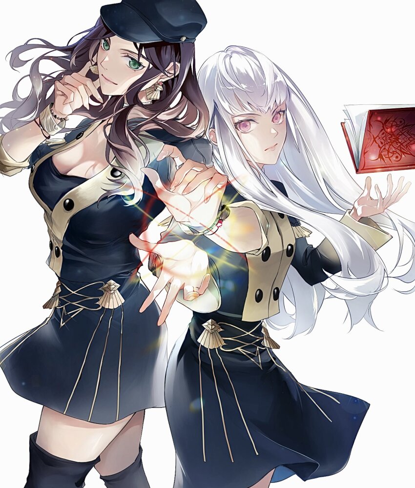 2girls, black_thighhighs, book, boots, bracelet, breasts, brown_hair, cleavage