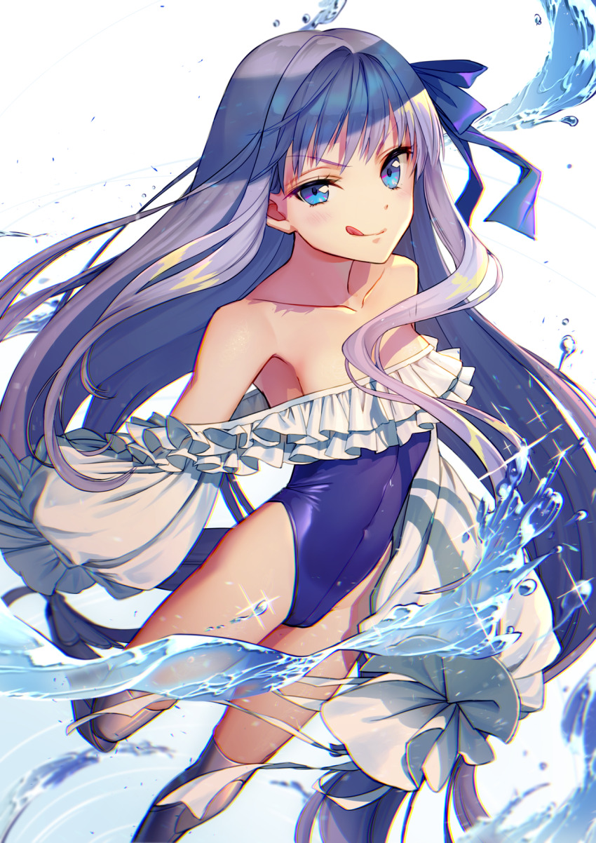 1girl, :q, bare_shoulders, blue_eyes, blue_one-piece_swimsuit, blue_ribbon, commentary_request, fate/grand_order